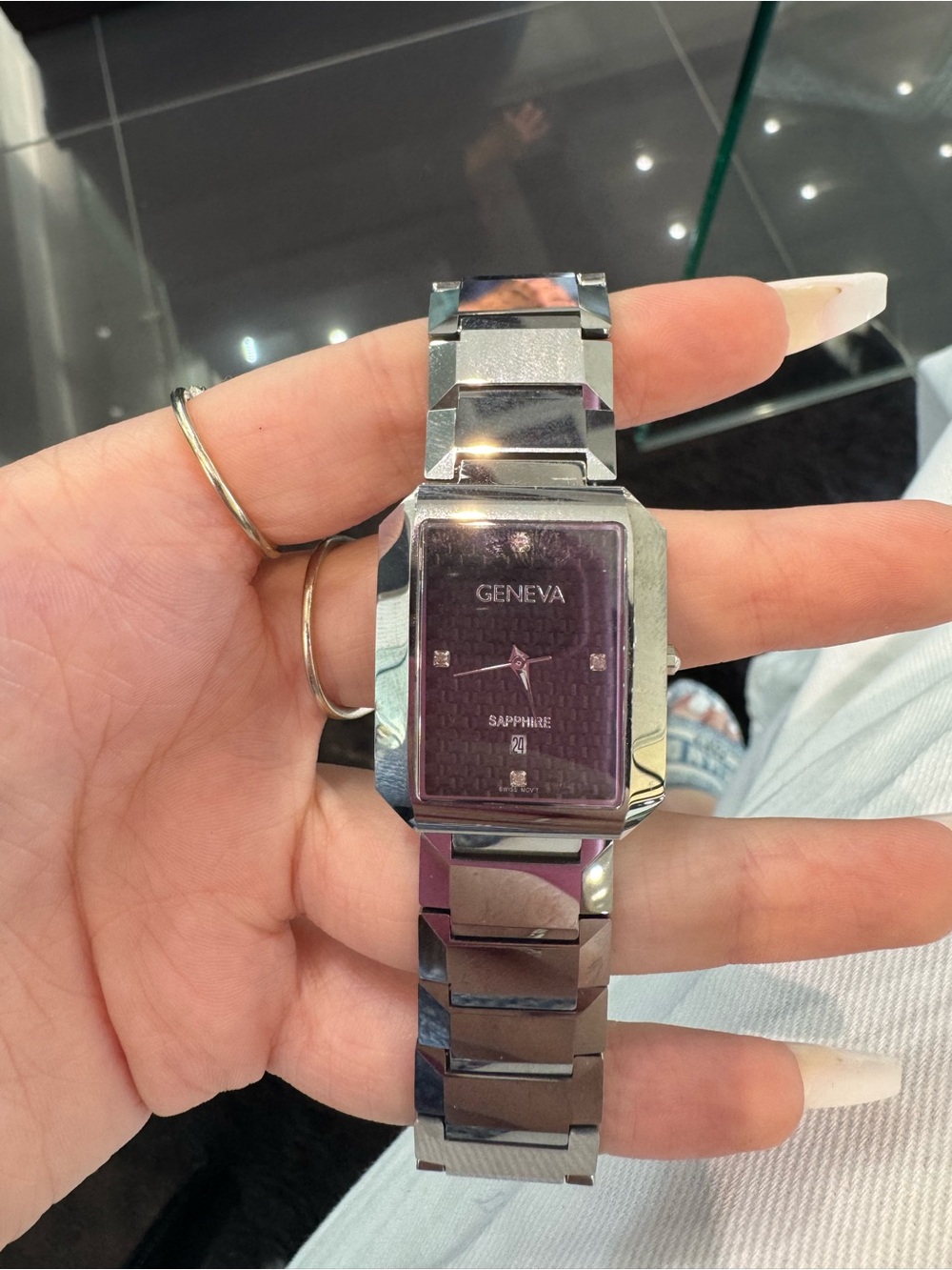 Vintage Geneva Quartz Sapphire Rectangular Dial Stainless Steel Watch